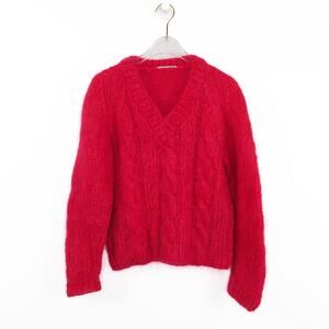 1970s Handmade Vintage Florenza Pink Red Wool Knit V-Neck Sweater Medium